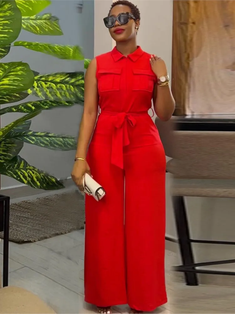 2024 Spring Summer Sleeveless Wide Leg Jumpsuit Women Turn-down Neck Pocket Front Zipper Fly Street One Piece Suit Playsuits - Image 2
