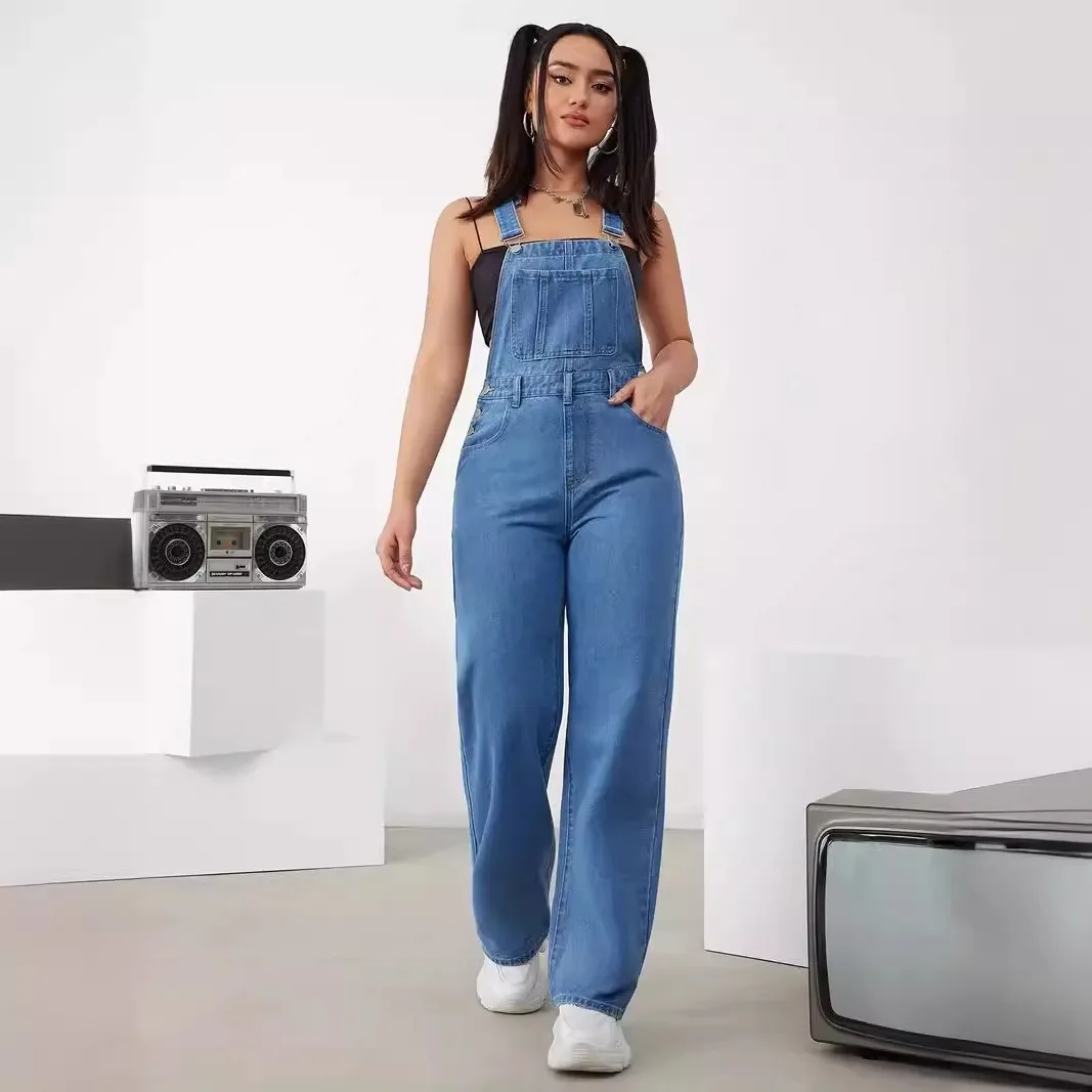Hot Sale Womens Denim Bib Jumpsuits Casual Sleeveless Adjustable Straps Loose Baggy Cargo Jean Overalls Y2K Jumpers With Pockets - Image 4