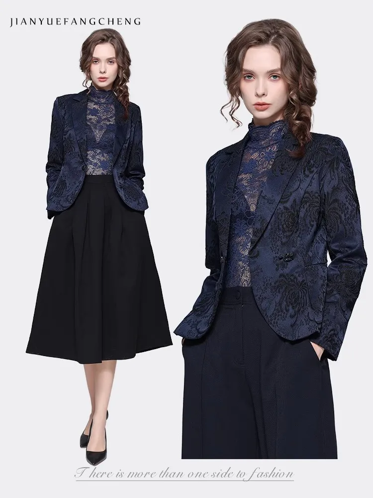 Elegant Suit Collar Women' Dark Blue Jacquard Blazer Elegant Slim Short Female Autumn Winter Coat Jacket Office Ladies Tops - Image 4