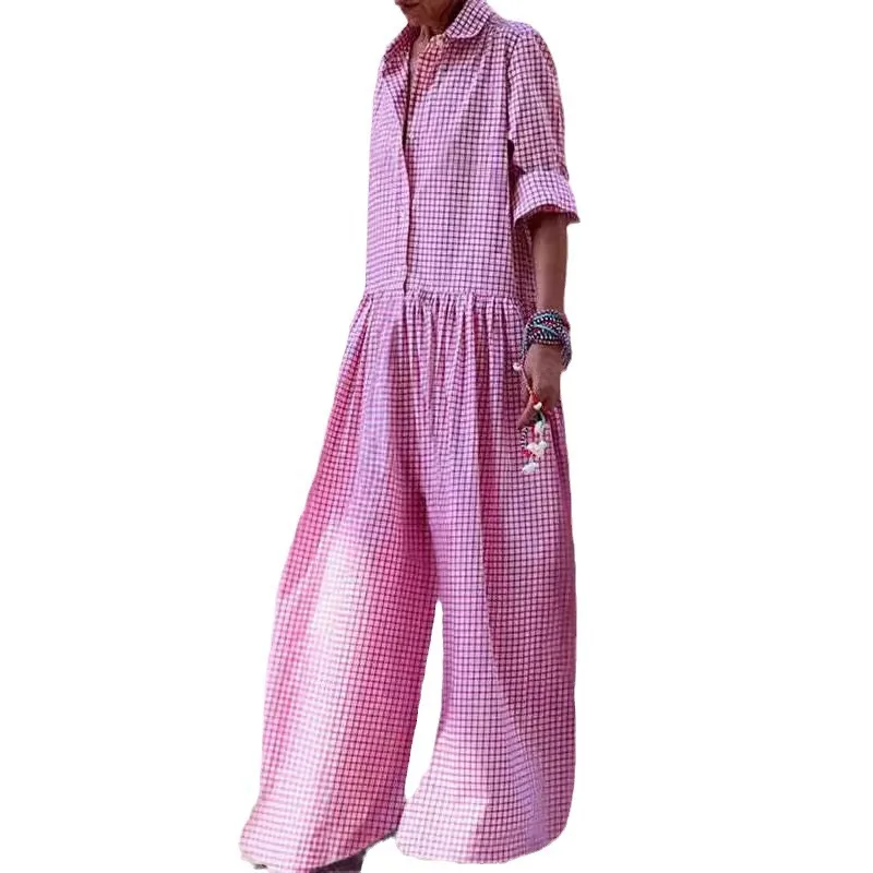 Loose Casual Plaid Print Jumpsuit Fashion Lapel Single Breasted Half Sleeved Wide Leg Jumpsuit Spring Summer Fashion Lady New - Image 5