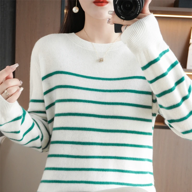 Spring Women's Pullover Sweater Striped Two-Color Sweater Long Sleeve Crewneck New 100% Cotton Pullover Sweater For Women-SMY257 - Image 8