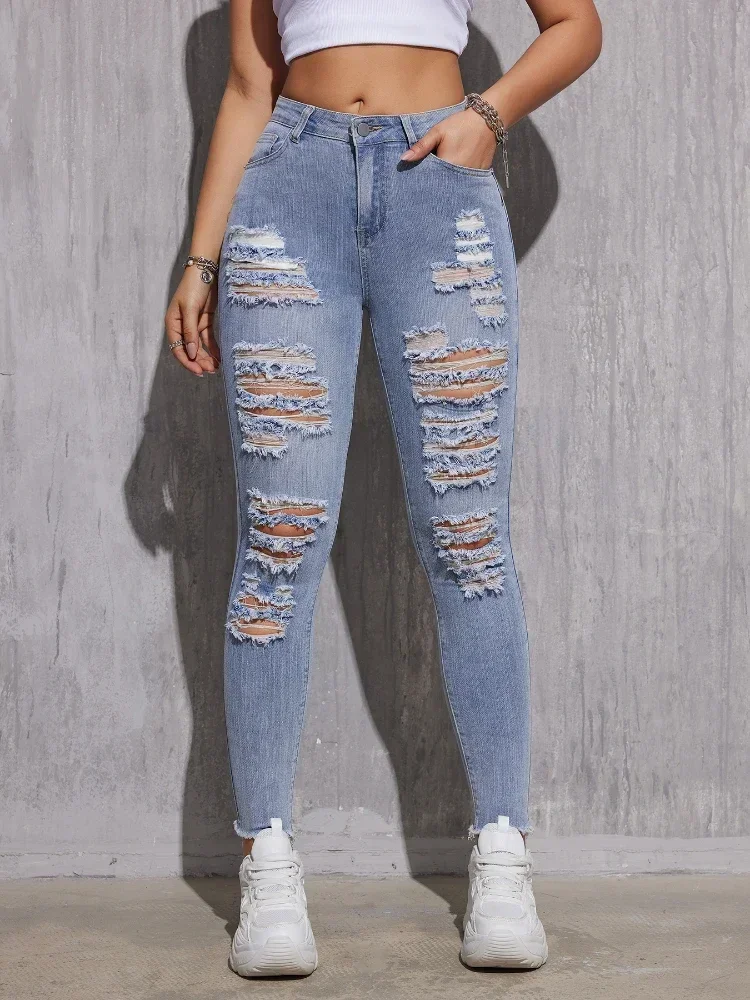 Women Ripped Jeans Cotton Skinny Stretch Lady High Waist Hole Denim Pants Fashion Solid Color Sexy Pencil Trousers - Image 2
