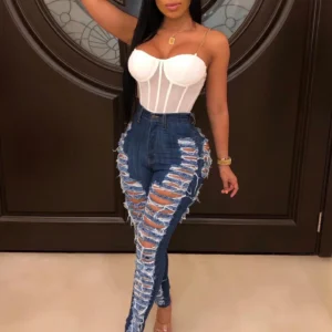 CM.YAYA Denim Pants Women Retro Solid Sexy Hole Hollow Out Jeans Ripped Flare Trousers Street Skinny High Waist Lady Pant