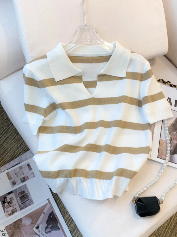 2024 New Striped Pattern Collared Sweater Versatile Short Sleeve Knitted Top For Spring & Summer Women's Clothing Crop Top - Image 6