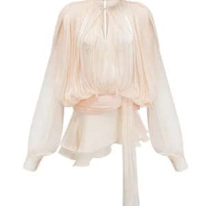 TWOTWINSTYLE Elegant Ruched Mini Dress For Women Round Neck Lantern Long Sleeve High Waist Temperament Dresses Female Fashion