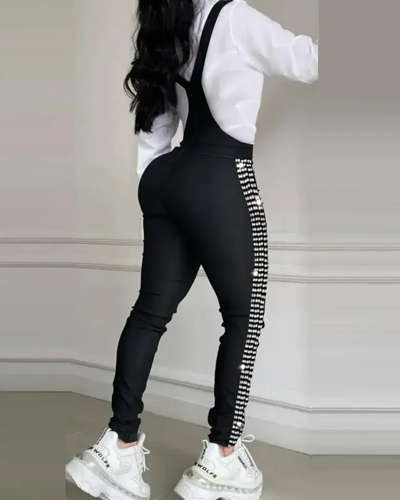 Summer Rhinestone Decor Buckled Suspender Jumpsuit 2025 Women Long Jumpsuits Elegant New Fashion Woman Casual Daily Clothing - Image 3