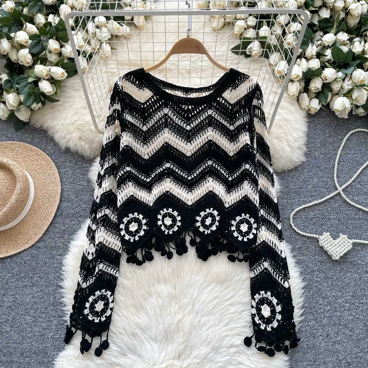 Zig Zag Crochet Top Long Sleeve V-Neck Wavy Striped Open-knit Pullover Sweater for Women Teen-girl Boho Vacation Outfit