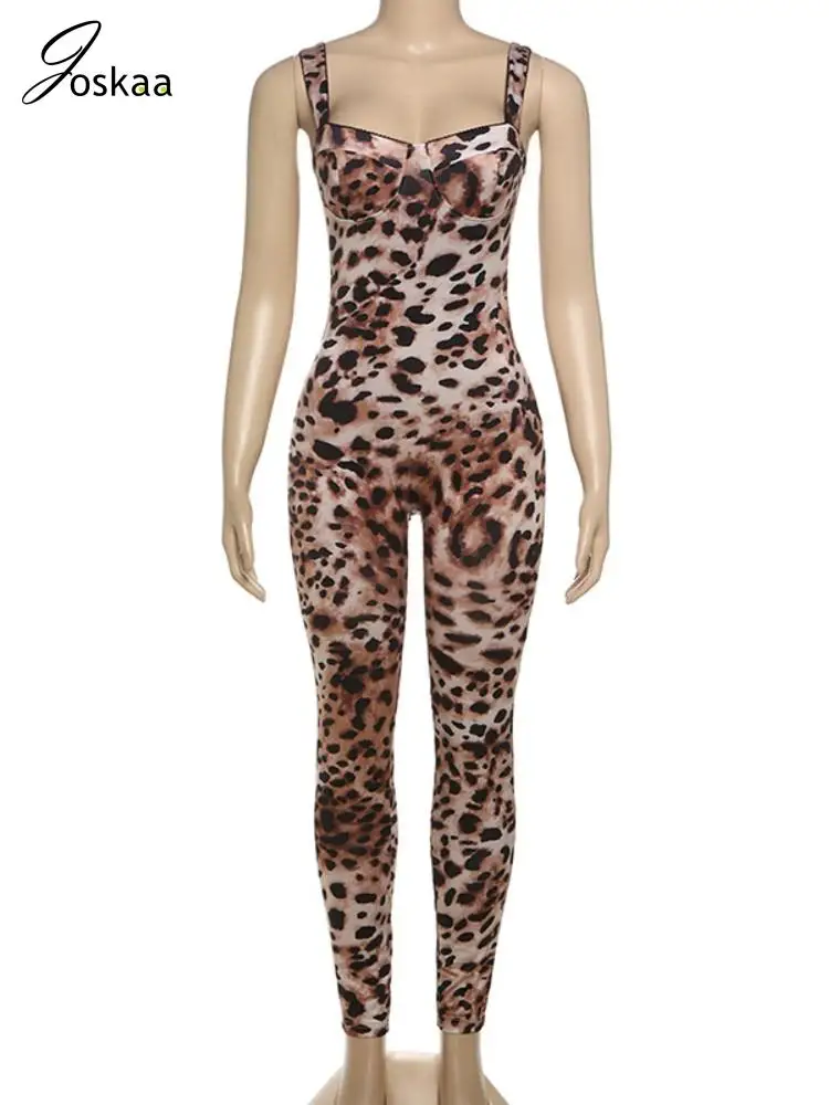 Joskaa Leopard Print Workout Jumpsuit Women Hipster Spaghetti Strap Sleeveless Lift Hips Romper 2025 Fashion Overalls Streetwear - Image 4