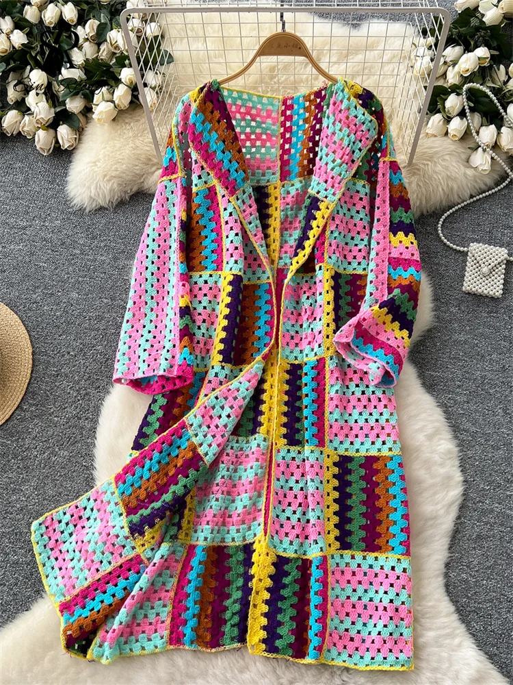 SINGREINY Bohemian Knitting Long Cardigans 2025 Spring Fashion Vintage Hollow Out Streetwear Summer Loose Multicolor Overcoat - Image 2
