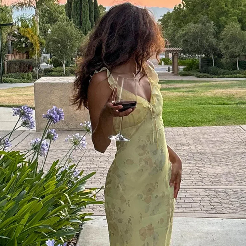 Cryptographic Summer Floral Print Plunge Maxi Dress Outfits Sexy Backless Fairy Sun Dresses Vacation Beachwear Vestido Coquette - Image 3