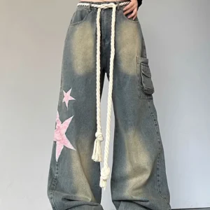 Women Fashion Wide Leg Baggy Jeans Streetwear Vintage Baggy Denim Pants Lady Korean Retro Patchwork Red Heart Oversized Trousers