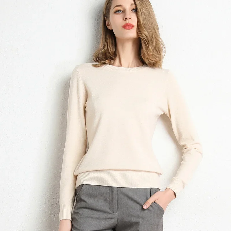2023 Women Slim O-Neck Pullover Cashmere Wool Blending Sweater Autumn And Winter Long-Sleeved Knit Bottoming Shirt Large Size - Image 13