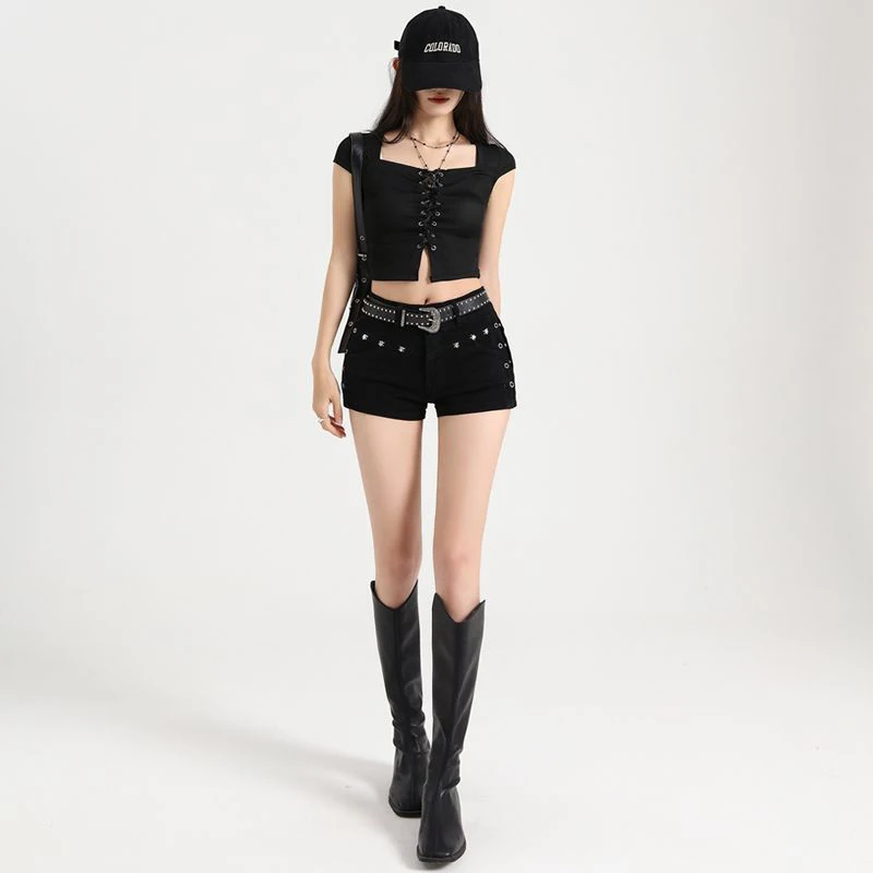 Summer Y2k Sexy Low Waist Mini Denim Shorts Women Vintage Korean Popular Girls Slight Strech Streetwear Gothic Rivet Black Jeans - Image 4