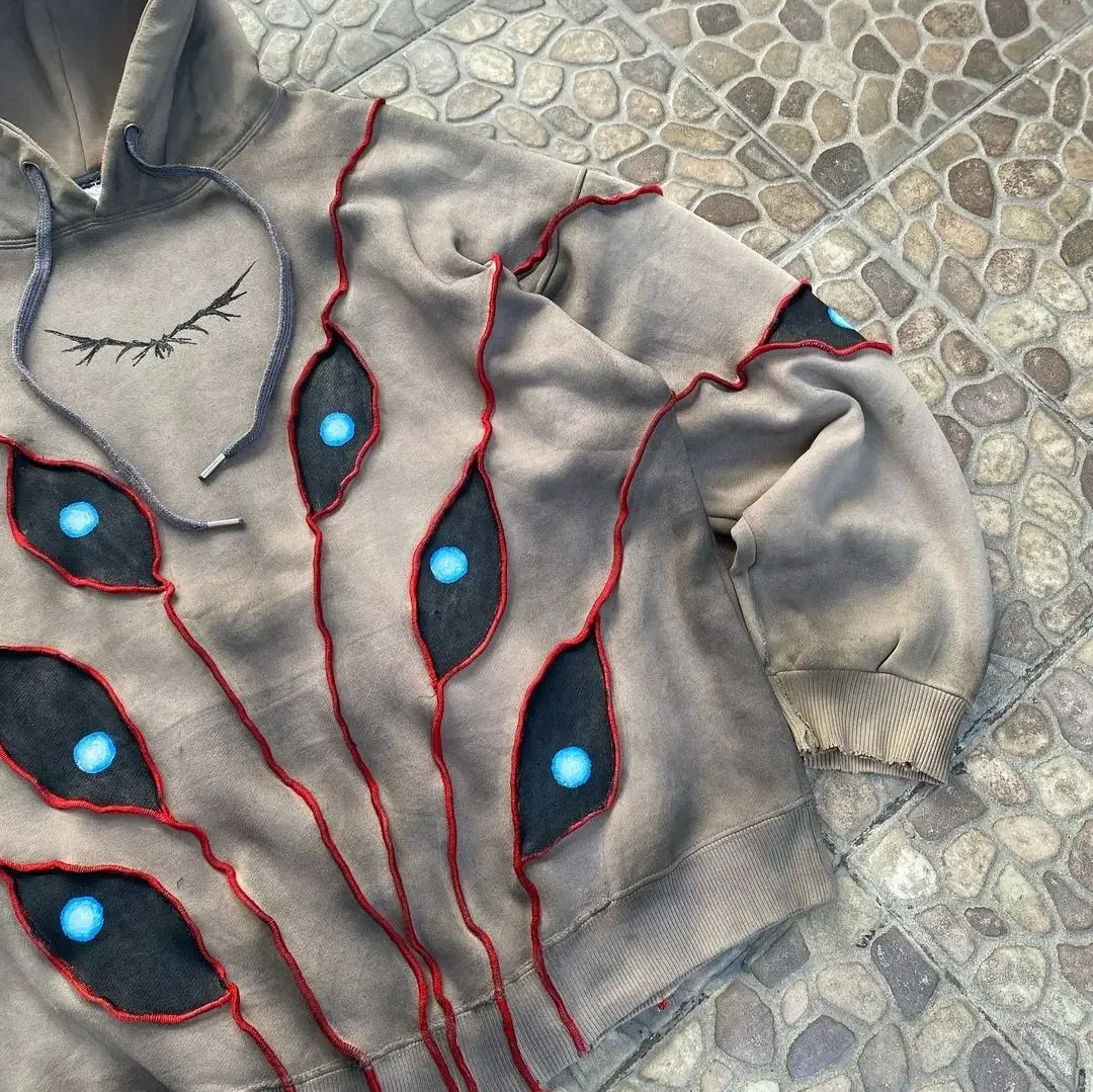 Gothic Punk Eye Pattern Patchwork Hoodies Women Y2k Top New Retro Loose Long Sleeve Sweatshirt Men and Women Hoodie Streetwear - Image 2