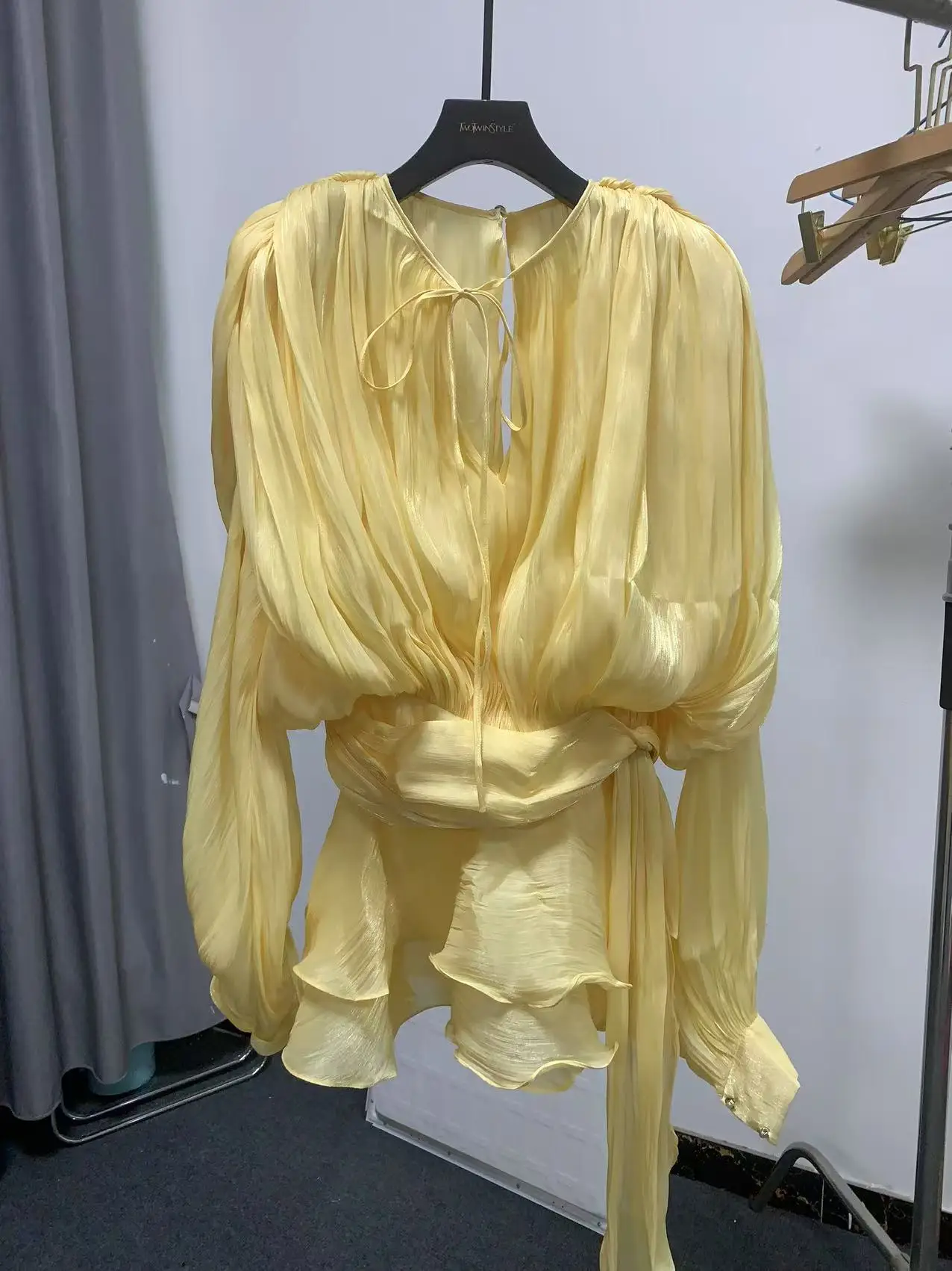 GALCAUR Solid Loose Splicd Lace Up Dresses For Women V Neck Long Sleeves Patchwork Ruffles Tunic Dreses Female Fashio New - Image 11