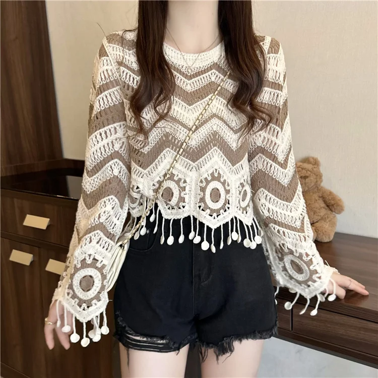 Zig Zag Crochet Top Long Sleeve V-Neck Wavy Striped Open-knit Pullover Sweater for Women Teen-girl Boho Vacation Outfit - Image 6
