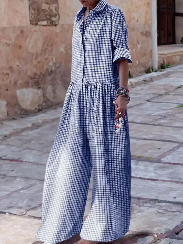 Loose Casual Plaid Print Jumpsuit Fashion Lapel Single Breasted Half Sleeved Wide Leg Jumpsuit Spring Summer Fashion Lady New - Image 9