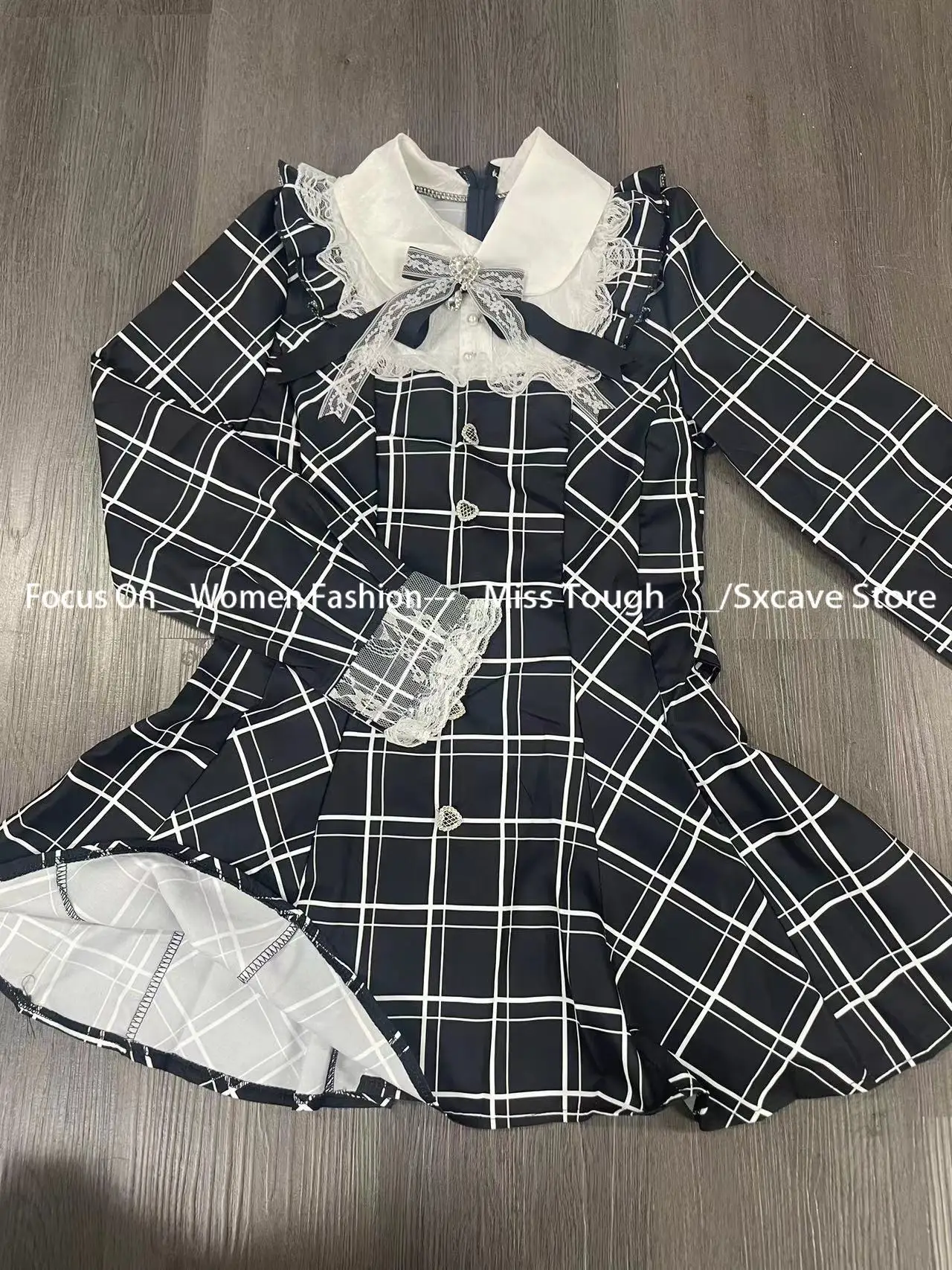 Harajuku Sweet Bow Black Plaid Dresses All-match Slim Fit Kawaii Lolita Dress for Women Autumn New Long Sleeve Vestidos De Mujer - Image 6
