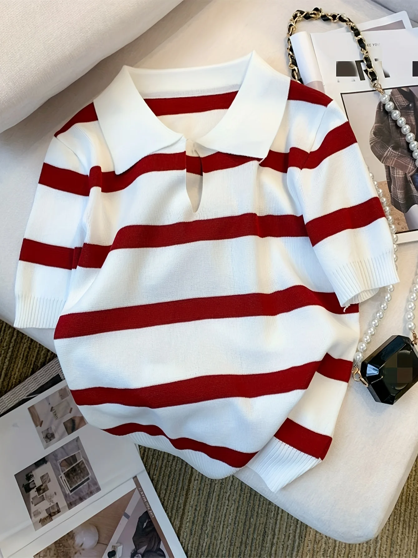 2024 New Striped Pattern Collared Sweater Versatile Short Sleeve Knitted Top For Spring & Summer Women's Clothing Crop Top - Image 3
