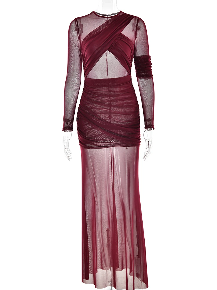 Articat Elegant Mesh Patchwork Long Sleeve Bodycon Party Club Evening Dress Sexy Double Layer Perspective Vestido Autum Clothing - Image 7