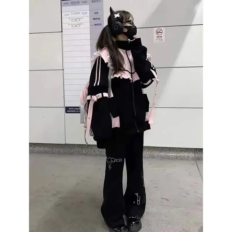 Japanese Sweet Coats Y2K Clothing Hoodie Women Tops Autumn and Winter Color Match Splicing with Thick Velvet Cardigan Jackets - Image 3
