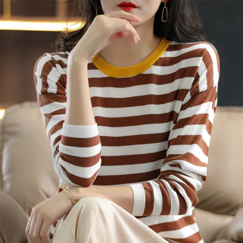 Classic Striped Spring Round Neck Pure Cotton Thin Long-Sleeved Women's Loose T-Shirt Contrast Color Knit Sweater Base SMY C16 - Image 8