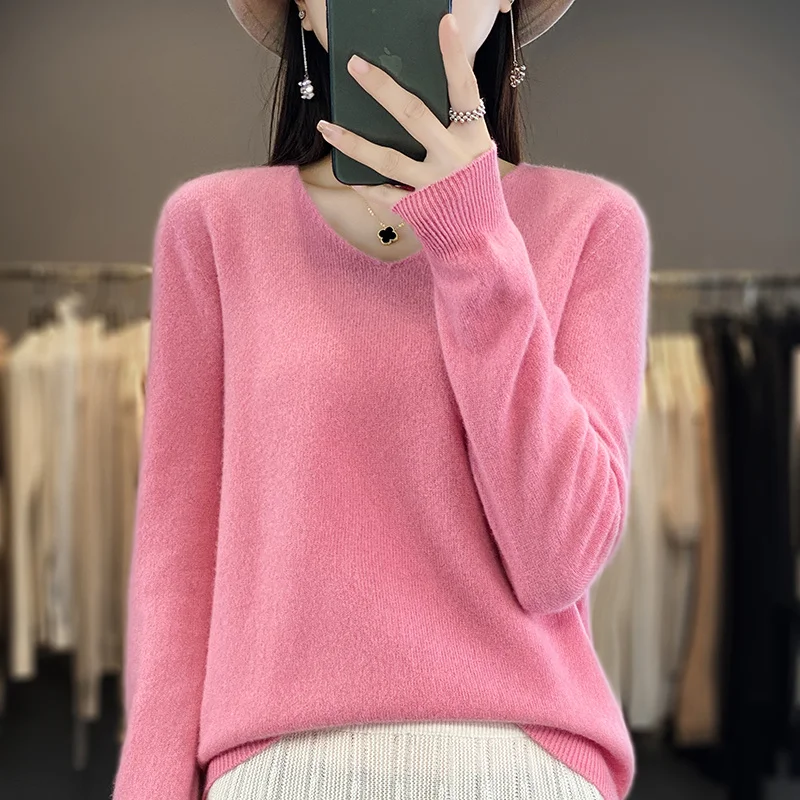 Women 100% Merino Wool Sweater V-Neck Basic Pullover Autumn Winter Cashmere Clothing Long Sleeve Soft Knitwear Tops Solid Color - Image 13