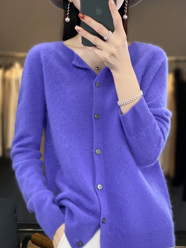New Fashion Spring 100% Merino Wool Womens O-neck Cardigan Cashmere Sweater 2024 Female Clothing Grace Knitwear Korean Tops - Image 4