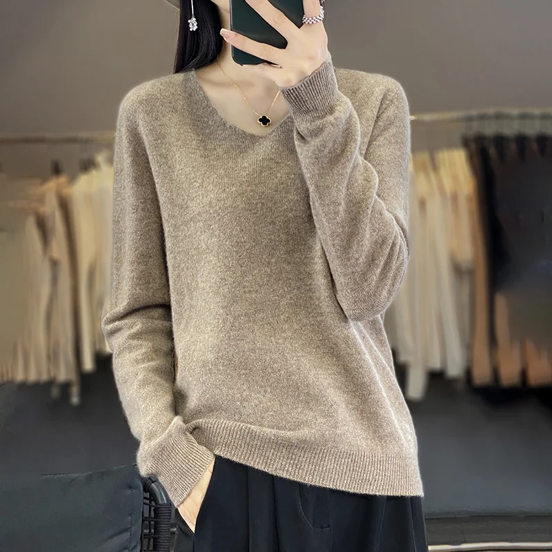 Women 100% Merino Wool Sweater V-Neck Basic Pullover Autumn Winter Cashmere Clothing Long Sleeve Soft Knitwear Tops Solid Color - Image 23