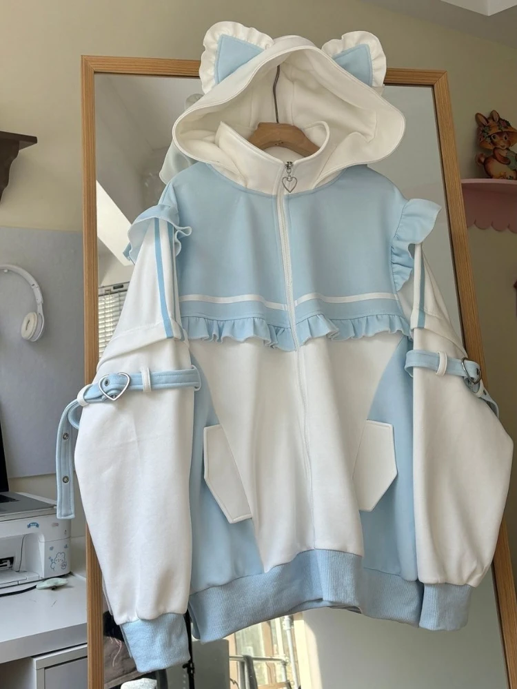 Japanese Sweet Coats Y2K Clothing Hoodie Women Tops Autumn and Winter Color Match Splicing with Thick Velvet Cardigan Jackets - Image 2