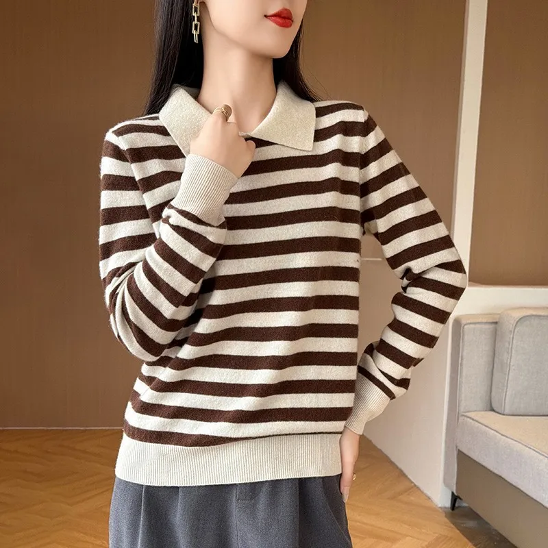 Autumn Winter Woman 100% Merino Wool Sweater POLO Collar Pullover Colorful Stripes Knitwear Bottoming Clothing Long Sleeve Tops - Image 5