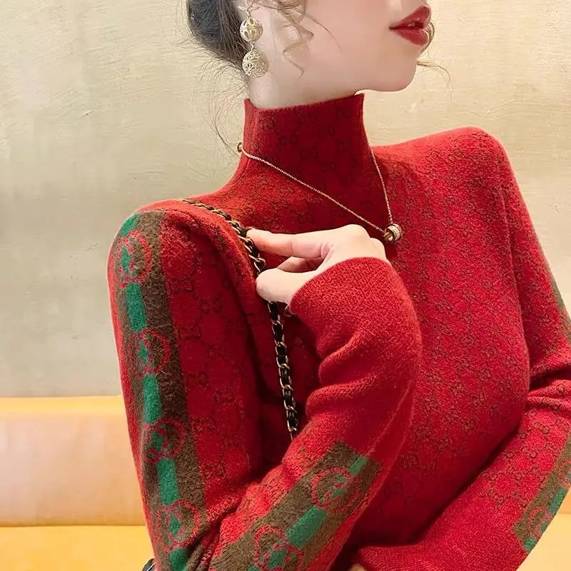 Women's Clothing Elegant Fashion Letter Knit Pullover Autumn All-match Slim Long Sleeve Half High Collar Pullovers Lady Chic Top - Image 5