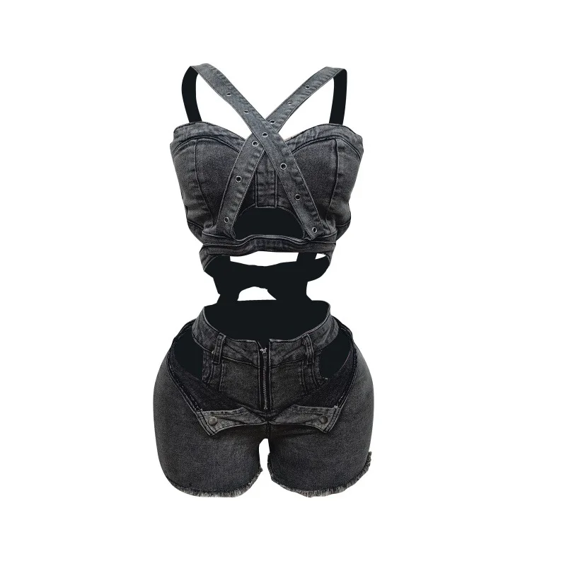 Sexy Jean Women Short Sets Straps Denim Crop Top and Cut Out Shorts Set 2025 Summer Clothes Streetwear Two 2 Piece Club Outfits - Image 10