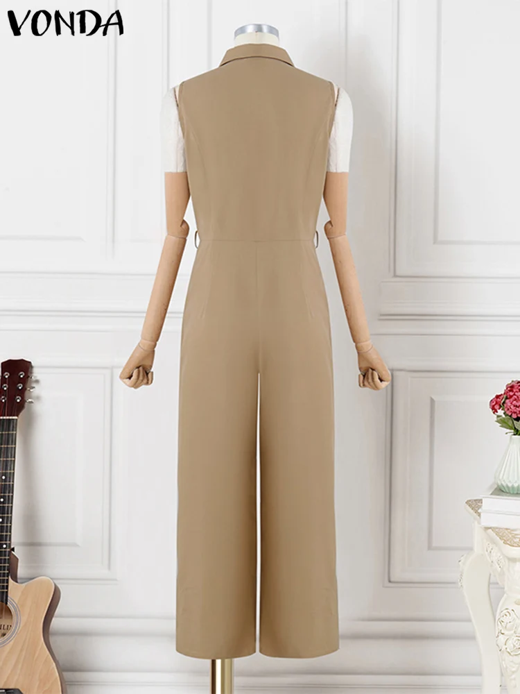 Plus Size 5XL VONDA Elegant Women Jumpsuits Sleeveless Playsuits Solid Color Rompers 2024 Casual Lapel Collar Wide Leg Bottoms - Image 5