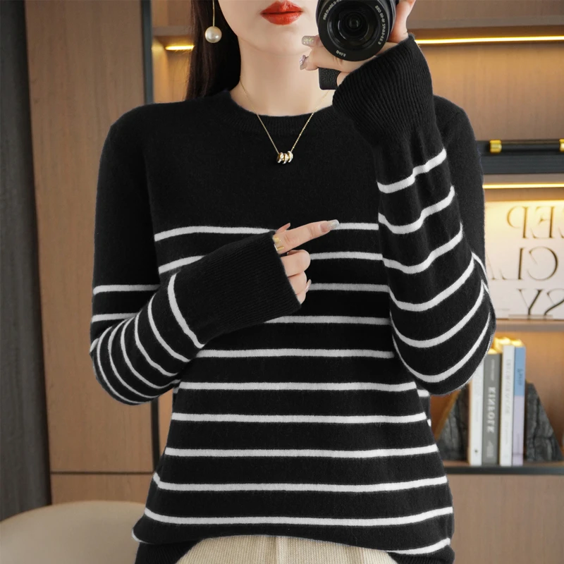 Spring Women's Pullover Sweater Striped Two-Color Sweater Long Sleeve Crewneck New 100% Cotton Pullover Sweater For Women-SMY257 - Image 5