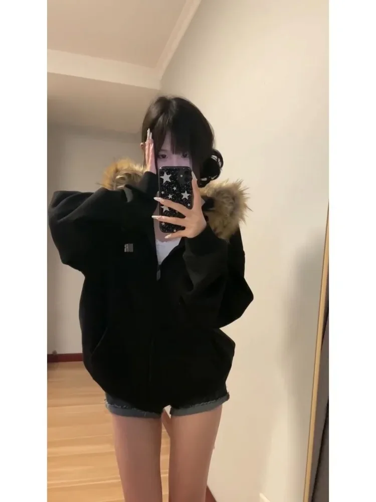 Deeptown Women Black Zip Up Hoodies Vintage Korean Preppy Style Faux Fur Coat Oversized Casual Sweatshirt Harajuku Autumn Winter - Image 5