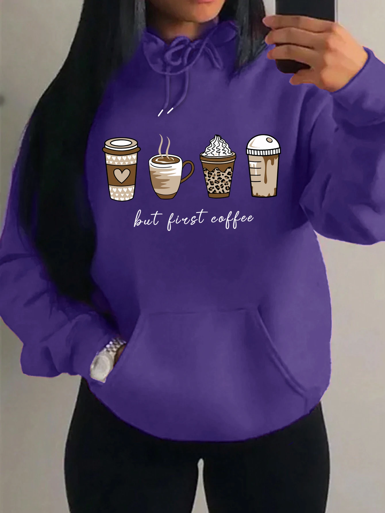 But First Coffee Cartoons Coffee Drinks Pattern Hoodies Fashion Warm Hoody Casual Trendy Sweatshirt Street Women Pullovers - Image 2