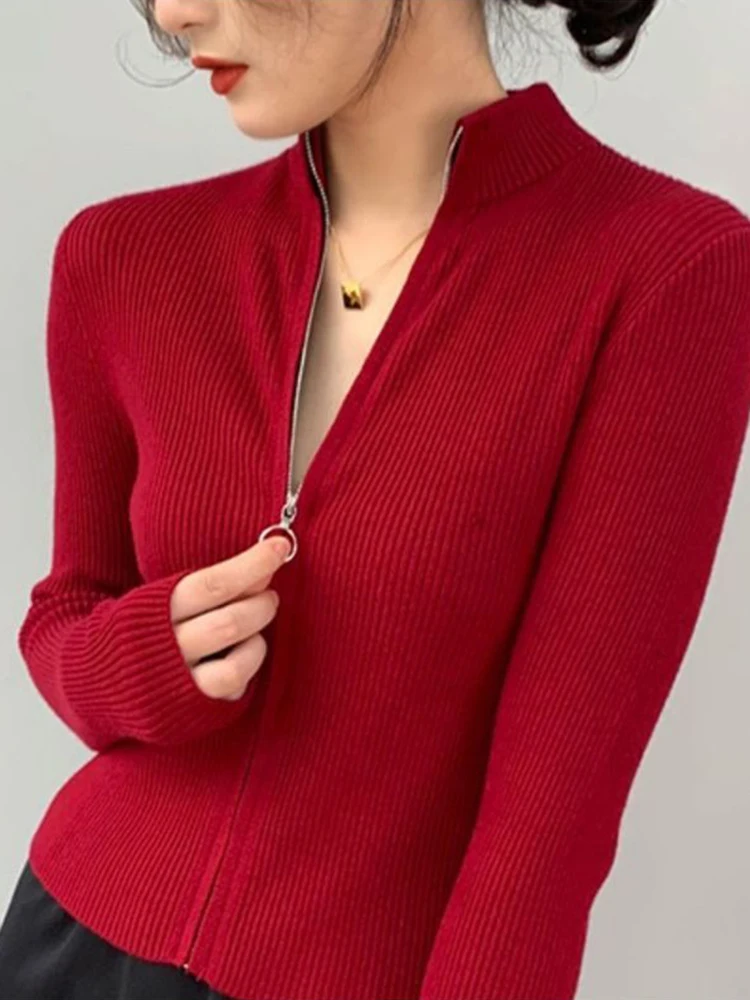Autumn Zipper Cardigan Women Sweaters Knitted Long Sleeve Stand-up Collar Tops Korean Fashion Short Sweater for Female - Image 2