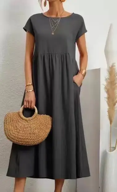Women Vintage Solid Dress 2023 Summer Elegant O Neck Short Sleeve Cotton Linen Dresses Female Casual Loose Sundress Long Dress - Image 10