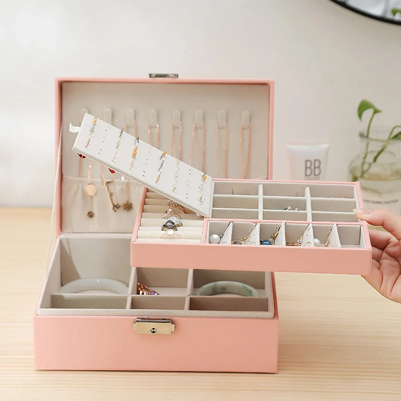 Double-layer Wooden Jewlery Box Ring Box Jewelry Boxes and Packaging with PU Leather Jewelry Storage Organizer and Makeup Case - Image 3