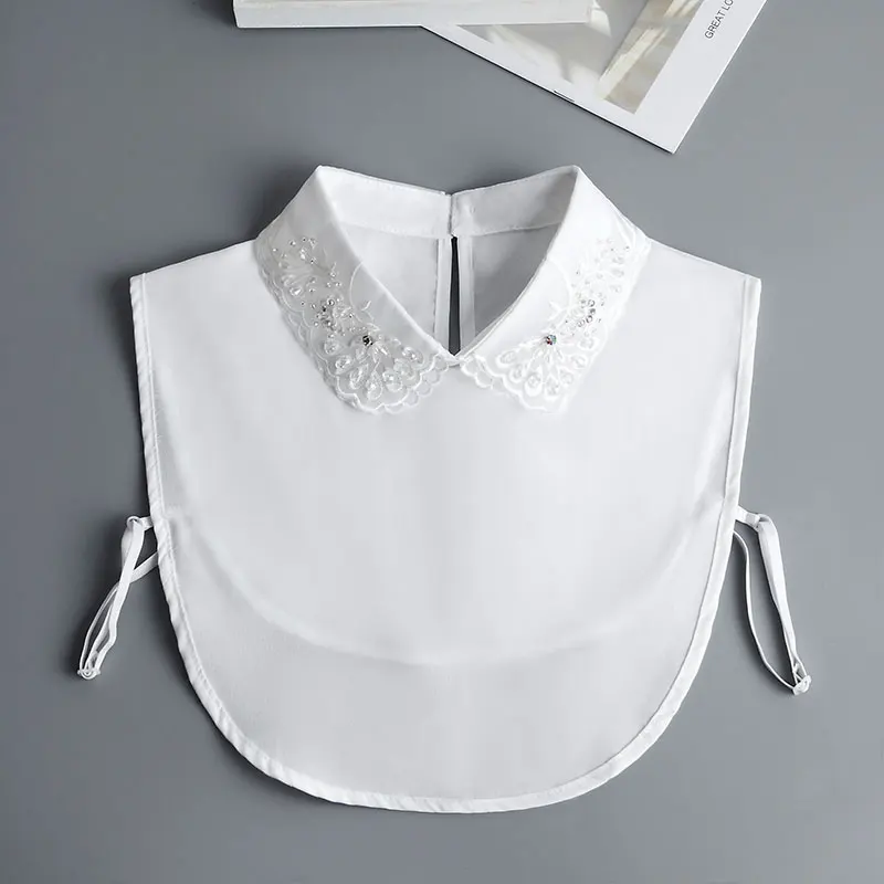 Front Tie White Fake Collar Stand Beads Detachable Collar Fake Women Vintage Crystal Lace Ladies False Blouse Collar Half Shirt - Image 11