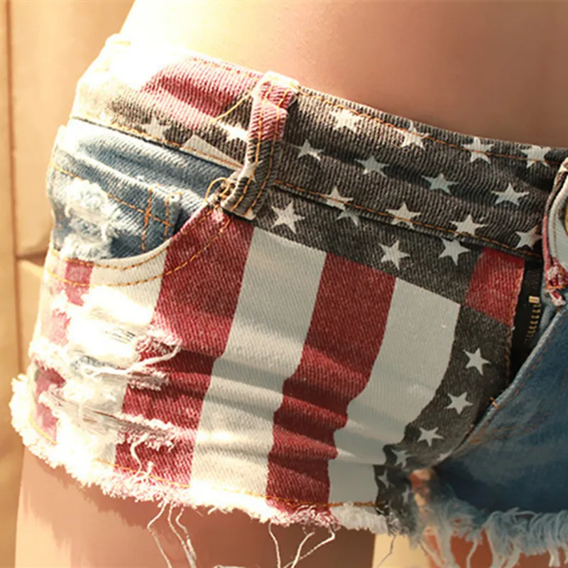 Mid Waist Jeans Shorts 2021 Women New Fashion USA Flag Printed Denim Pole Dance Skinny Hot Hole Short Pants S-XXL - Image 4