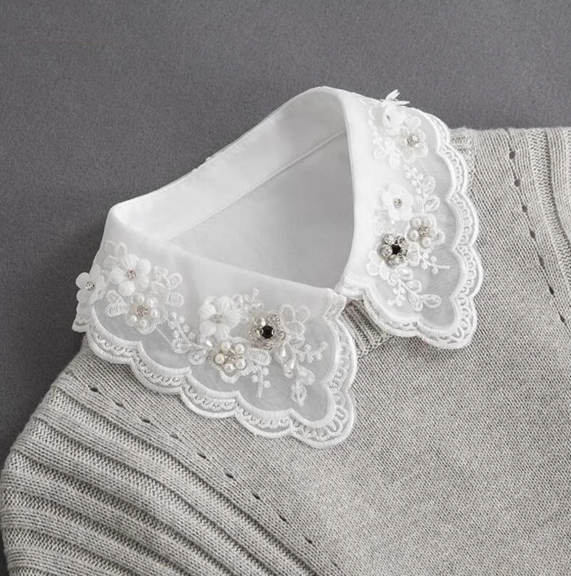 Front Tie White Fake Collar Stand Beads Detachable Collar Fake Women Vintage Crystal Lace Ladies False Blouse Collar Half Shirt - Image 34