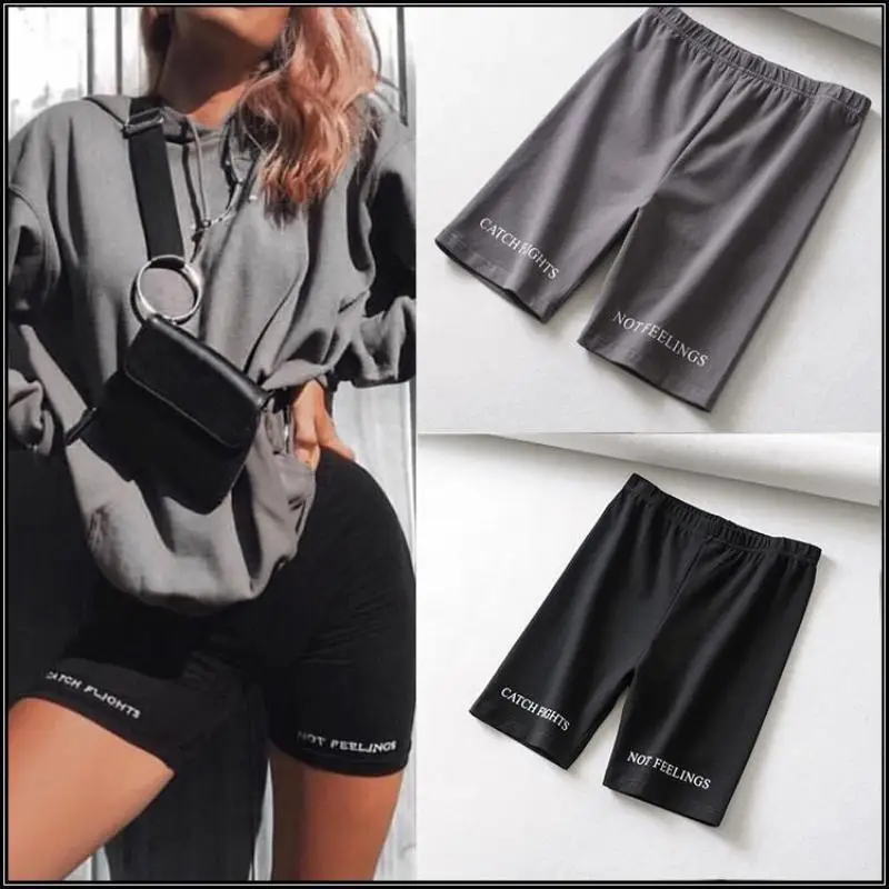 Summer biker shorts 2024 women elastic waist skinny fitness korean casual sexy Letter print black shorts pantalones black - Image 5
