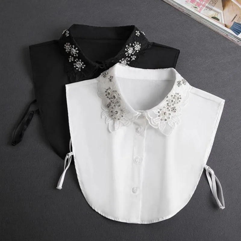 Front Tie White Fake Collar Stand Beads Detachable Collar Fake Women Vintage Crystal Lace Ladies False Blouse Collar Half Shirt - Image 6