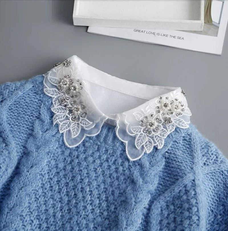 Front Tie White Fake Collar Stand Beads Detachable Collar Fake Women Vintage Crystal Lace Ladies False Blouse Collar Half Shirt - Image 44