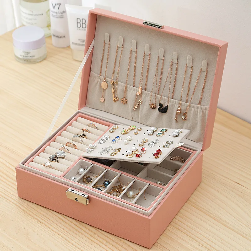 Double-layer Wooden Jewlery Box Ring Box Jewelry Boxes and Packaging with PU Leather Jewelry Storage Organizer and Makeup Case - Image 2