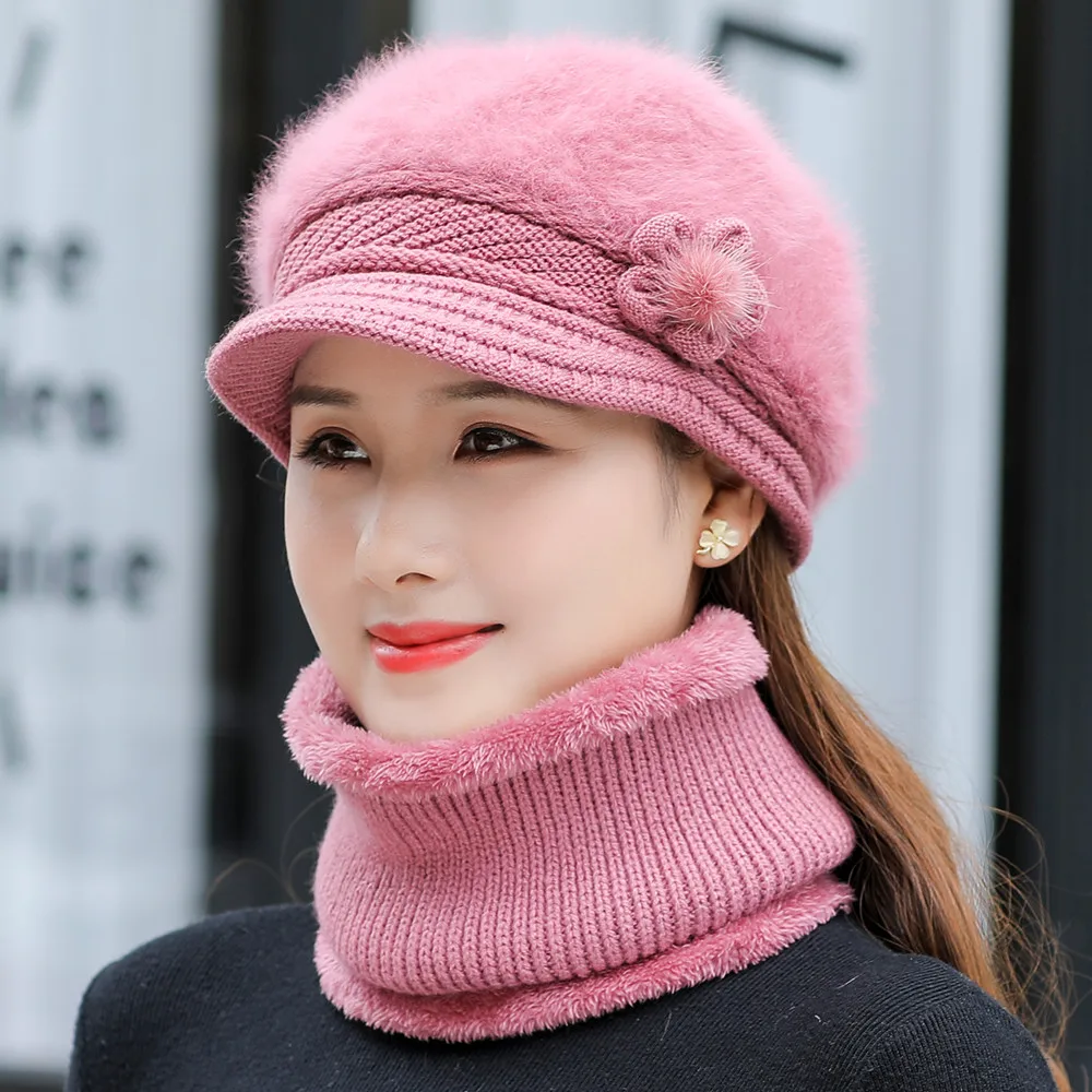 New Women Winter Hat Keep Warm Cap Add Fur Lined Hat & Scarf Warm Set Fashion Hat For Women Casual Faux Fur Flower Knitted Hat - Image 11