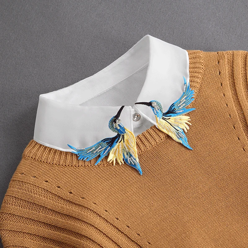Front Tie White Fake Collar Stand Beads Detachable Collar Fake Women Vintage Crystal Lace Ladies False Blouse Collar Half Shirt - Image 2