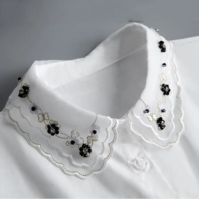 Front Tie White Fake Collar Stand Beads Detachable Collar Fake Women Vintage Crystal Lace Ladies False Blouse Collar Half Shirt - Image 5